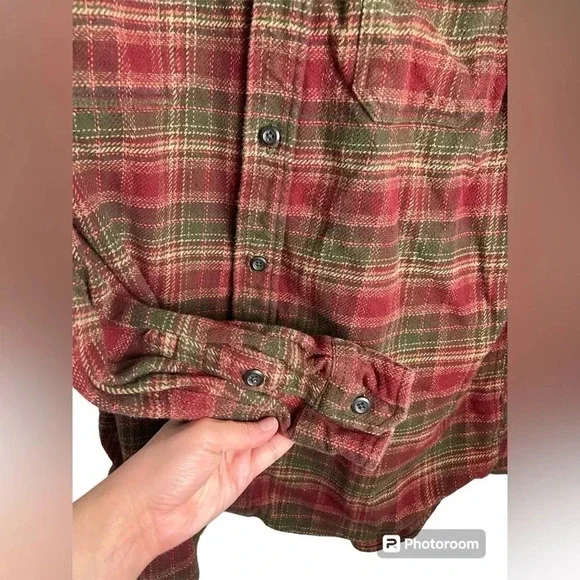 ORVIS Heavy Flannel Shirt Jacket Men’s Size L Plaid Red Green Beige Pockets - Picture 3 of 5